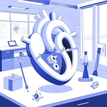 A futuristic artificial heart is displayed on a stainless steel table inside a laboratory. The heart features clear tubes that allow for the visibility of the internal mechanisms. Inside, intricate mechanical valves are positioned to control the flow of fluid. Various scientific instruments and equipment surround the heart, indicating an advanced research environment. Bright overhead lights illuminate the heart, highlighting its detailed design and craftsmanship. Biology posters and digital screens can be faintly seen in the background, emphasizing the high-tech setting.
