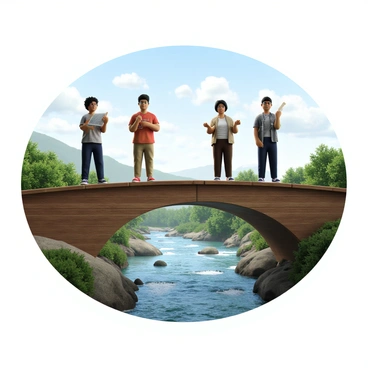 A group of four diverse individuals standing on a wooden bridge, which has a noticeable gap in the middle. Two individuals are peering over the edge of the bridge, assessing the river below. One person is holding a map and pointing towards a possible way to cross. The fourth individual is looking contemplative, with their arms crossed. The river below is flowing swiftly, with rocks and greenery visible along the banks. The sky above is clear with a few scattered clouds. There is a sense of urgency as they consider their next move.