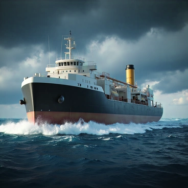 A tank barge with a robust, metallic hull is navigating through turbulent, stormy seas. The waves are crashing against the sides of the barge, creating white frothy spray. Dark, ominous clouds fill the sky, casting shadows over the churning waters. The barge is equipped with a large smokestack and various cargo tanks, indicating it is transporting liquid materials. The scene captures the intensity of the storm, with raindrops visibly splashing on the surface of the sea.