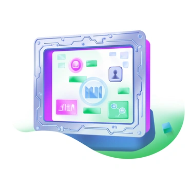 A modern pastel illustration featuring a futuristic frame adorned with intricate "circuit patterns" in silver and blue. Within the frame, there are various "digital elements" such as glowing icons, holographic displays, and interconnected nodes. The background consists of soft gradients, enhancing the technological theme while providing a sleek and clean look.