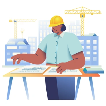 A lead architect examining blueprints at a construction site, wearing a hard hat