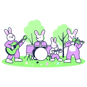 A group of cartoon bunnies is gathered in an open field, each playing different musical instruments. The first bunny on the left is playing a bright green guitar, its ears perked up in delight. Next to it, a bunny with a purple drum set is enthusiastically keeping the beat. To the right, another bunny is serenading the crowd with a green flute, while a fourth bunny adds harmony by playing a purple violin. The scene is lively, with the bunnies surrounded by colorful Easter eggs scattered across the grass. In the background, there are a few trees with light green foliage swaying gently in the breeze.