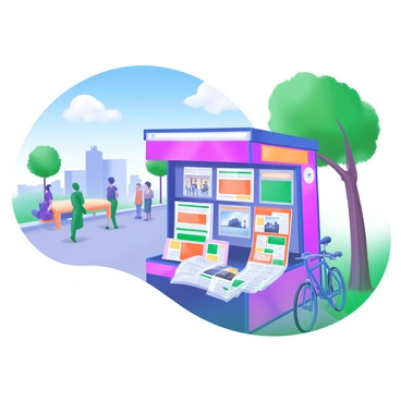 A vibrant newsstand kiosk filled with various colorful magazines and newspapers. The kiosk showcases a range of publication covers featuring bright images and attention-grabbing headlines. Surrounding the newsstand, the street corner is bustling with people walking by on a sunny day. Trees with green leaves frame the scene, and a bright blue sky can be seen above. A small table in front of the kiosk holds additional newspapers, while a bicycle leans against the stand.