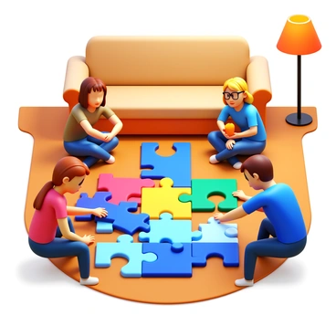 A large jigsaw puzzle spread out on a wooden living room floor. A group of four friends sits around the puzzle, each focusing on different sections. One friend with brown hair is connecting two pieces, while another friend with glasses holds a piece, looking for its place. A third friend with blonde hair is sorting pieces into color groups. The fourth friend is reaching over to hand a piece to the one with glasses. The room has a cozy feel, with a plush sofa in the background and a warm lamp casting soft light in the space.