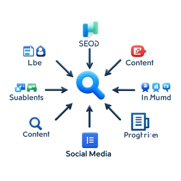 A digital marketing strategy map displaying interconnected elements. One section features "SEO" represented with upward arrows and a magnifying glass symbol. Another section highlights "Content" with a document icon and lines indicating flow. "Social Media" is illustrated with various platform logos and connection lines leading to and from other elements. The overall layout is organized and visually structured, with each component clearly labeled and interlinked to demonstrate relationships between the strategies.