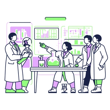 A group of interns wearing lab coats is observing an experiment in a high-tech science lab. The lab is equipped with several advanced scientific instruments and large screens displaying data and graphs. In the center, there is a lab table where a bubbling beaker sits, with colorful liquids swirling inside. The interns are gathered around the table, with one of them taking notes on a clipboard. Another intern is pointing towards the beaker while discussing the experiment. Bright fluorescent lights illuminate the space, and there are shelves filled with various laboratory equipment in the background.