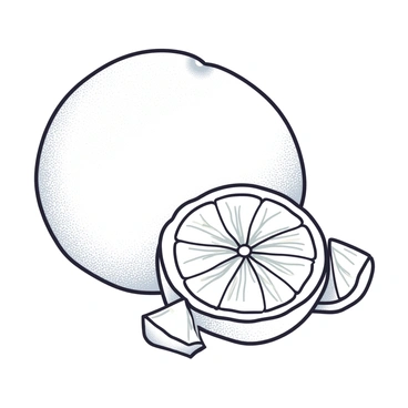 A black and white line drawing features a large grapefruit, round and textured with a slightly dimpled surface. The grapefruit is sliced in half, revealing its juicy interior filled with bright segments. Each segment is detailed with lines to indicate the juicy texture and pulp. Surrounding the grapefruit are a few of its segments, arranged neatly, showcasing their translucent surfaces and distinctive shapes. The background is left blank, allowing for easy coloring.