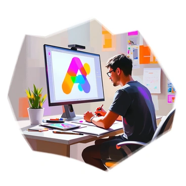 A graphic designer with medium skin tone and short black hair is seated at a modern desk, deeply focused on crafting a logo for an illustration agency. The designer is wearing a casual black t-shirt and glasses. On the desk, there are colorful sketches, digital tablets, and various art supplies scattered around. The monitor displays a vibrant logo design in progress with bold colors and dynamic shapes. The workspace has a creative atmosphere, with a mood board filled with inspiring images pinned to the wall behind the designer.