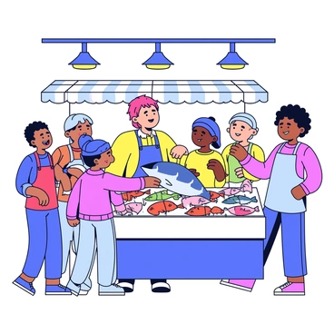 A group of children standing at a vibrant fish market. The children are diverse in appearance, wearing colorful clothing and displaying expressions of curiosity. They are gathered around a display of various types of seafood, including large fish, shrimp, and shellfish. A market vendor, wearing an apron, is explaining the different types of seafood while pointing at a glistening fish. There are stalls in the background filled with ice and more seafood, creating a lively atmosphere. Bright, overhead market lights illuminate the scene.