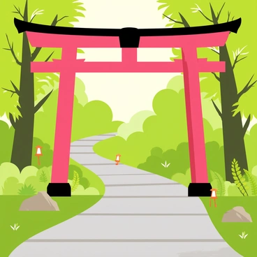 A "majestic Shinto torii gate" painted in a vibrant red color stands tall at the entrance of a forest path. The gate features traditional wooden beams with intricate carvings at the top. A winding path made of gray stones leads through lush greenery filled with various trees and ferns. Soft sunlight filters through the leaves, casting dappled shadows on the ground. Small lanterns are placed along the path, enhancing the serene atmosphere.