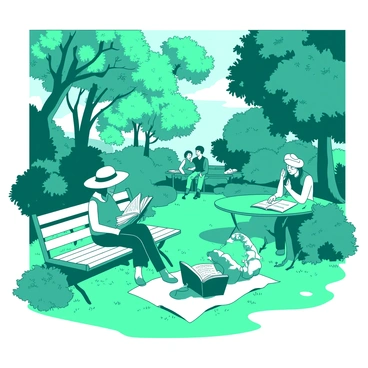 A teal library garden is filled with lush greenery and a variety of trees providing ample shade. Several people are scattered throughout the garden, each engrossed in their books. A woman with a straw hat sits on a white bench, holding a novel open in her lap. Nearby, a young boy is lying on a white blanket spread on the grass, flipping through the pages of an illustrated book. In the background, a couple is seated at a small teal table, sharing a book and discussing its contents. Sunlight filters through the branches, creating playful patterns on the ground.