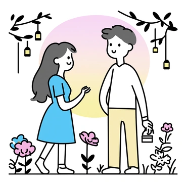 Two people standing in a garden, making eye contact with each other. One person is a woman with long, flowing hair, wearing a light blue dress, while the other is a man with short hair, dressed in a white shirt and beige trousers. The garden is filled with various flowers, including roses and daisies, and there are softly glowing lanterns hanging from tree branches. The evening sky above is transitioning into shades of orange and purple as the sun sets.