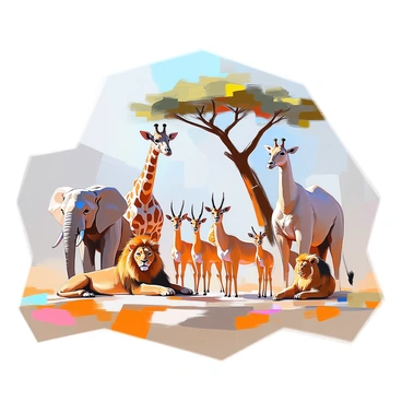 A composition featuring groups of different animals arranged in a way that illustrates equivalent ratios of species. On one side, there are three elephants, standing tall and majestic, their large ears flapping gently. Next to them, in a balanced ratio, are six gazelles, gracefully poised with their slender legs and curved horns. In the foreground, a cluster of four lions relaxes, their golden fur glistening in the light. Behind them, two towering giraffes reach up towards the treetops, their long necks stretching elegantly. Each group is clearly defined and organized to visually represent the ratios among the species.