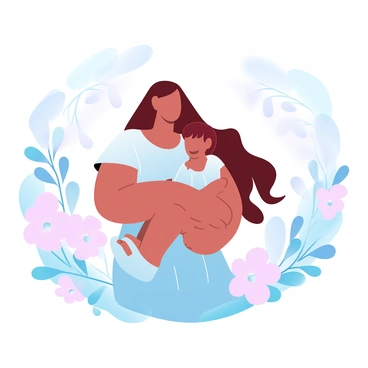 A woman with long, dark hair is gently holding a little girl in a sunlit meadow. The woman is wearing a flowing dress, and she has her arms wrapped around the child affectionately. The little girl has curly hair and is nestled comfortably in her mother's embrace. Surrounding them are vibrant flowers in various colors, creating a lively and cheerful atmosphere. Soft rays of sunlight filter through the trees, casting a warm glow on the scene.