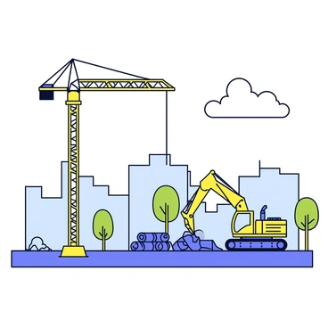 A tall construction crane with a yellow and black color scheme stands in the foreground. Nearby, a bulky excavator with a large scoop is digging into the ground, moving dirt and debris. Several trees are being cut down, with logs stacked neatly on the side. In the background, there are partial outlines of buildings emerging, suggesting the start of a new urban area. The sky is clear with a few fluffy white clouds.