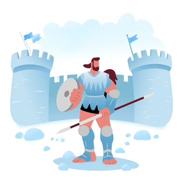 A warrior named Achilles stands confidently with a shield in his left hand and a spear in his right. He is wearing armor that reflects light with a gleaming finish. The towering walls of Troy rise majestically behind him, showcasing their ancient stonework. Flags flutter at the top of the walls, contrasting against the clear blue sky. The ground beneath Achilles is scattered with stones, emphasizing the battleground. In the distance, faint outlines of soldiers can be seen on the walls, adding tension to the scene.