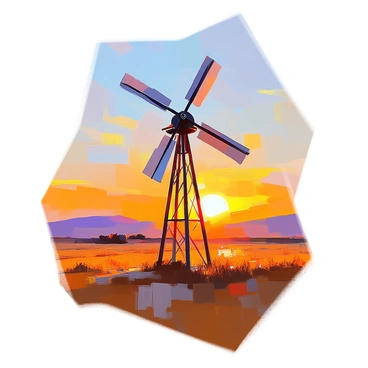 A classic windmill stands tall and prominently in the foreground, its blades reaching outwards in a striking silhouette. The windmill features a traditional design, with a wooden structure and a large metal wheel. In the background, the sun is just beginning to rise, casting warm hues of orange and yellow across the sky, creating a gradient from deep blue to soft gold. The landscape of the ranch is open and expansive, with rolling hills and sparse vegetation, suggesting a peaceful rural setting. The light from the rising sun gently highlights the contours of the windmill, enhancing its silhouette against the vibrant sky.
