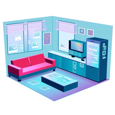 The interior of a smart apartment featuring sleek, modern furniture that seamlessly integrates digital technology. The walls are adorned with dynamic, interactive displays showcasing customizable art and ambient lighting. The living area includes a responsive sofa that changes shape according to the user's comfort preferences. A coffee table with a holographic interface displays information and can be controlled with gestures. The kitchen features smart appliances with touch-sensitive surfaces and transparent screens displaying recipes. Large windows with automated blinds allow for optimal natural light, and the air is filled with a subtle, high-tech atmosphere, enhancing the futuristic feel of the space.