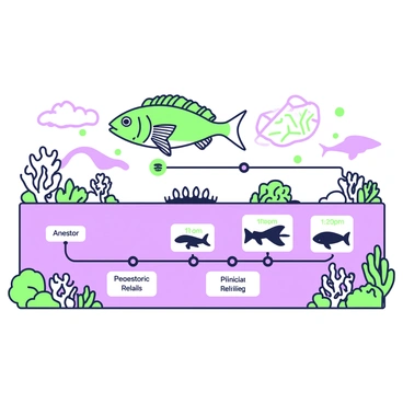 An educational diagram illustrating the evolutionary journey of the coelacanth. At the top of the diagram, there is a detailed representation of the coelacanth, showcasing its distinctive lobed fins and intricate body structure. Below, a timeline traces the species' ancestors, highlighting key evolutionary milestones. Each ancestor is depicted in a simplified silhouette surrounded by small annotations detailing its characteristics. The diagram includes a branching path that connects the coelacanth to its prehistoric relatives, with arrows indicating the progression of time. Background elements include representations of ancient ocean environments, featuring coral formations and other marine life silhouettes.