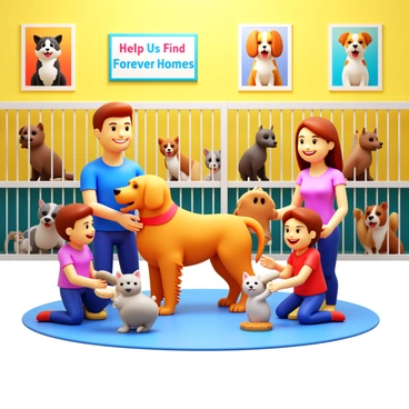 A family of four in a bright, cheerful animal shelter. The father is gently brushing a fluffy golden retriever, while the mother is filling a food bowl with kibble. Two children, a boy and a girl, are kneeling next to a playful kitten, with the boy holding a small toy for it to chase. The shelter's walls are adorned with colorful paintings of animals. In the background, several cages house dogs and cats of varying breeds, with a sign that reads “Help Us Find Forever Homes” prominently displayed. The family members are smiling as they engage with the animals, radiating warmth and compassion.