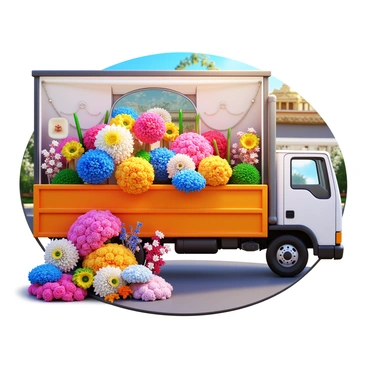 A large truck filled with colorful flowers and decorations. The truck's doors are open, revealing an assortment of vibrant bouquets, elegant centerpieces, and ornate wedding decorations spilling out. The scene is set outside a wedding venue, with a beautifully decorated entrance in the background. The truck's exterior is painted in a bright color, complementing the floral arrangements. Sunlight shines down on the scene, highlighting the freshness of the flowers and the excitement of the upcoming celebration.