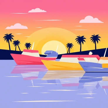 A collection of colorful boats gently swaying in the water of a Mediterranean harbor. The boats have bright red, blue, and yellow hulls, each with unique patterns. The water reflects the hues of the sky, which is filled with warm oranges, deep purples, and soft pinks of a vibrant sunset. Silhouetted palm trees line the harbor, adding to the coastal atmosphere. Wispy clouds catch the colors of the sunset, enhancing the overall scene.