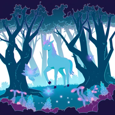 A dense magical forest filled with towering trees that have twisting trunks and luminescent leaves. Various enchanted creatures, such as a small, whimsical fairy with iridescent wings and a glowing aura, flutter between the branches. A majestic unicorn with a shimmering coat and a spiraled horn stands gracefully among the foliage. Bioluminescent plants with vibrant colors pulse gently, casting eerie shadows on the forest floor. Mist swirls around the roots of the trees, adding to the enchanting atmosphere of the scene.