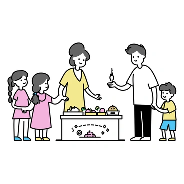 A family performing ancestral rituals with an altar adorned with food offerings