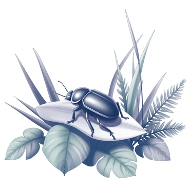 A close-up view of a beetle resting on a leaf. The beetle has a shiny, textured exoskeleton and distinct antennae extending from its head. Surrounding the beetle, there are various types of green foliage, including broad leaves and delicate ferns. Tall grasses frame the scene, creating a lush setting. In the background, additional plants add depth to the habitat, providing a rich, vibrant environment for the beetle. The overall composition highlights the intricate details of the beetle and its natural surroundings.