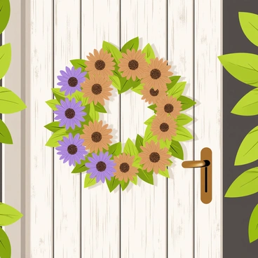 A decorative wreath made of dried echinacea flowers is hanging prominently on a rustic wooden door. The wreath features an array of brown and purple echinacea blossoms, with their distinct cone-shaped centers and spiky petals. The wooden door has a weathered texture, revealing its age with peeling paint and visible wood grain. Nearby, a small bronze door handle shines softly in the light, completing the inviting appearance of the entrance. The background includes hints of greenery, suggesting a garden setting.