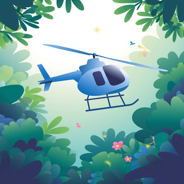An R66 helicopter with a sleek design is gliding smoothly above a dense rainforest canopy. The helicopter is painted in a vibrant blue color, with its rotor blades spinning gently. Below, the lush greenery of the rainforest is filled with a variety of trees, their leaves in shades of deep green. Sunlight filters through the tree branches, casting dappled light onto the forest floor. In the background, hints of tropical flowers can be seen among the foliage, adding splashes of color to the scene. A few birds can be seen flying near the helicopter, emphasizing the vibrant life of the rainforest.