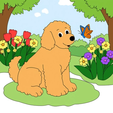 A fluffy goldendoodle with a wavy golden coat sits attentively on a patch of green grass in a vibrant garden. Its large, expressive eyes are focused on a delicate butterfly with bright blue and orange wings as it flutters gracefully nearby. The garden is filled with colorful flowers in various shapes, including red tulips, yellow daisies, and purple petunias. Sunlight filters through the leaves of nearby trees, casting playful shadows on the ground. The goldendoodle's ears perk up, and its tail wags gently in excitement as it observes the butterfly's movements.