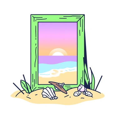 A wooden frame stands on a sandy beach, positioned vertically to capture the view. The frame is rustic and weathered, complementing the natural surroundings. Beyond the frame, the ocean stretches out, reflecting the warm hues of the sunset. The sky is filled with gradient colors as the sun descends, casting a soft glow along the horizon. Waves gently lapping at the shore create a serene atmosphere. A few seashells and small pieces of driftwood are scattered on the sand in front of the frame, adding to the beach setting.