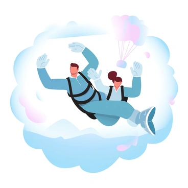A tandem skydiving instructor is attached to a student, both in skydiving gear. The instructor is wearing a jumpsuit and a harness, positioned behind the student who is also dressed in a jumpsuit. They are in free fall, surrounded by a vast sky with a gradient of pastel blue and soft white clouds. Below them, an expansive landscape is visible, including fields and mountains. A shared sense of excitement is suggested by their body language, with arms raised and bodies slightly tilted back. A colorful parachute can be seen trailing behind them in the sky.