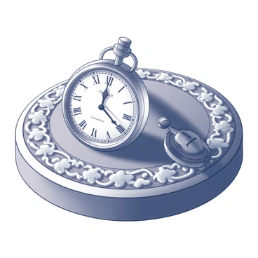A vintage wristwatch with intricate detailing is placed on an ornate wooden table. The watch features classical roman numerals and ornate hour and minute hands pointing to midnight. The table has an elaborate design, including carved patterns and a polished surface that reflects the watch's metallic elements. The setting is completed with soft shadows and highlights that enhance the textures of both the watch and the table.