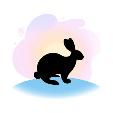 A rabbit is positioned atop a gently sloping hill. The rabbit is in a dark silhouette, contrasting sharply with the vibrant "watercolor sunset" that fills the sky. The sunset features a gradient of pastel colors including soft pinks, warm oranges, and light purples blending seamlessly into one another. The hill is gently rolling, providing a serene landscape that enhances the focus on the rabbit and the colorful sky behind it.