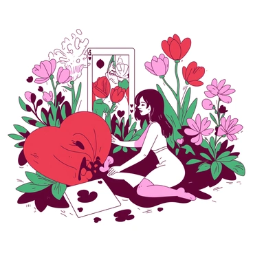 A vibrant garden filled with various flowers and plants shaped like playing cards. Each plant displays intricate designs, with the "queen of hearts" character prominently featured in the center of the scene. She is kneeling beside a large red flower that resembles the queen of hearts card, gently tending to the vibrant blooms around her. The garden is lush and colorful, with plants in the shapes of other playing cards creating a whimsical atmosphere. The sunlight filters through the leaves, casting playful shadows on the ground.