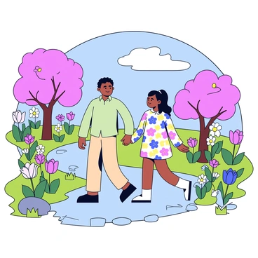 A couple walking hand in hand through a blooming spring garden. The man is wearing a light green shirt and beige pants, while the woman is dressed in a floral dress with vibrant colors. Surrounding them are various flowers in full bloom, including tulips, daisies, and cherry blossom trees. The garden path is made of smooth stones, and there are patches of green grass peeking through. In the background, there is a bright blue sky with a few fluffy white clouds.