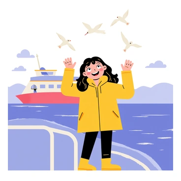 A little girl with long, wavy brown hair wearing a bright yellow raincoat stands at the edge of a ferry. She has wide, excited eyes as she gazes upwards at several white seagulls flying overhead. The ferry is surrounded by deep blue water that sparkles in the sunlight. The girl holds her hands up in delight, with a playful smile on her face. In the background, there are hints of a distant shoreline and fluffy white clouds in the sky.