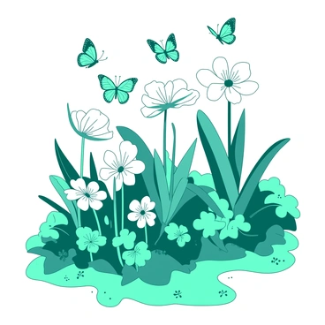 A teal garden is filled with oversized flowers of various shapes and sizes, towering above the ground. The flowers are in shades of white, featuring vivid petals that stand out. Among the flowers, several butterflies with intricate wing patterns are fluttering, showcasing a vibrant display as they move gracefully through the air. The scene captures the playful nature of the garden, with flowers bending slightly as if swayed by a gentle breeze. The garden path is lined with small green leaves, leading the way through this enchanting landscape.