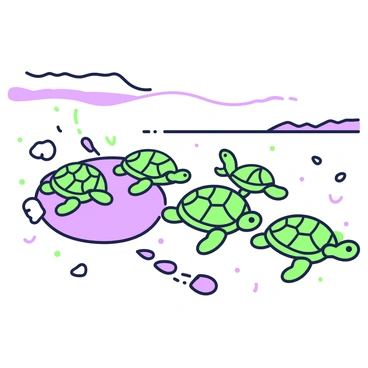 A group of baby turtles is emerging from a nest on a sandy beach. The turtles, each with distinct shell patterns, are making their way across the sand toward the ocean. Some turtles are slightly ahead, while others are lagging behind, still digging their way out of the nest. The beach is dotted with small seashells and the gentle waves of the sea can be seen in the background. There are footprints in the sand leading from the nest to the shoreline, illustrating their journey.