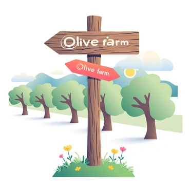 A rustic wooden signpost stands tall, featuring a detailed carving of an "olive branch" on its surface. The signpost has arrows indicating directions to an "olive farm." Surrounding the signpost is a grassy area with wildflowers, and in the background, there are rows of olive trees with lush green leaves, showcasing the farm's landscape. The wood of the signpost is weathered, showcasing its age with knots and a textured surface. Sunlight casts soft shadows, enhancing the natural beauty of the scene.