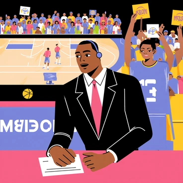 Michael Jordan sitting at a commentator's desk during a live basketball game. He is wearing a stylish black suit with a red tie, and has a headset on, focusing intently on the game. Behind him, a large screen displays the ongoing match, featuring two teams in bright uniforms. The crowd in the arena is lively, with fans holding up signs and wearing team jerseys. The atmosphere is energetic, capturing the excitement of the basketball game.