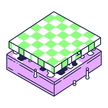 A cutaway illustration of a chessboard reveals the intricate structure beneath the surface. The board is divided into alternating squares, creating a standard grid layout. Below the top layer, there are multiple layers showcasing the hidden mechanisms that hold the pieces in place. Each layer is detailed with various components, such as support structures, pegs for the pieces, and a smooth, flat base. The contrast between the surface and the hidden layers creates a clear distinction, allowing viewers to understand the chessboard's complexity. There are no chess pieces on the board, emphasizing the focus on the grid and hidden architecture.