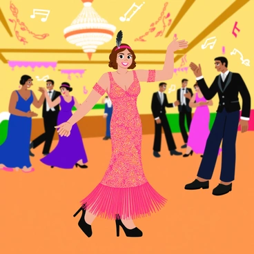 A woman wearing a sparkling, fringe-covered vintage 1920s flapper dress, which shimmers under the bright lights of the ballroom. Her hair is styled in a classic bob, adorned with a feather headband. She has a joyful expression on her face as she dances gracefully. The ballroom is filled with elegantly dressed couples, and there are colorful decorations and a grand chandelier overhead. The polished wooden floor reflects the vibrant atmosphere, while soft music notes seem to linger in the air, enhancing the lively scene.