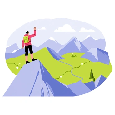 A climber wearing a bright red jacket and equipped with a backpack is standing at the summit of a rocky mountain. The climber is raising one hand in triumph while looking out over the vast landscape. Below, there are green valleys stretching out with patches of trees and winding rivers. The sky is clear with a few fluffy white clouds scattered across it. The sun is shining, casting shadows on the mountains in the distance, enhancing the depth of the scenery.