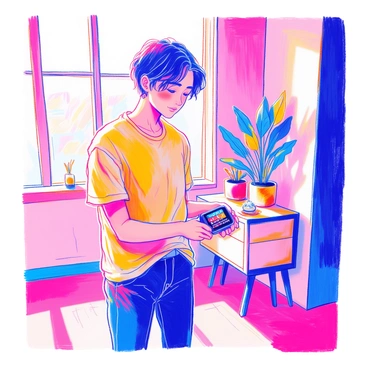 A person is standing in a bright, modern room, looking at a smartwatch on their wrist. The smartwatch screen is clearly visible, displaying colorful daily stats such as steps taken, heart rate, and calories burned. The person has short hair and is dressed in a casual t-shirt and jeans. Their expression is focused as they swipe through the stats on the watch. In the background, there is a small table with a potted plant and a window letting in natural light.