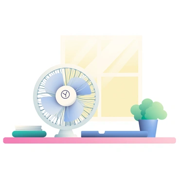 A small, white desk fan with a round base and a protective mesh grille is positioned on a light wooden desk. The fan has three speed settings visible on a dial on its front. The blades are in motion, creating a soft blur as they spin. The workspace features a neatly arranged stack of papers and a blue notebook next to the fan. A green potted plant is placed to the right, adding a touch of color to the scene. A warm, natural light filters in from a nearby window, illuminating the desk and enhancing the inviting atmosphere.