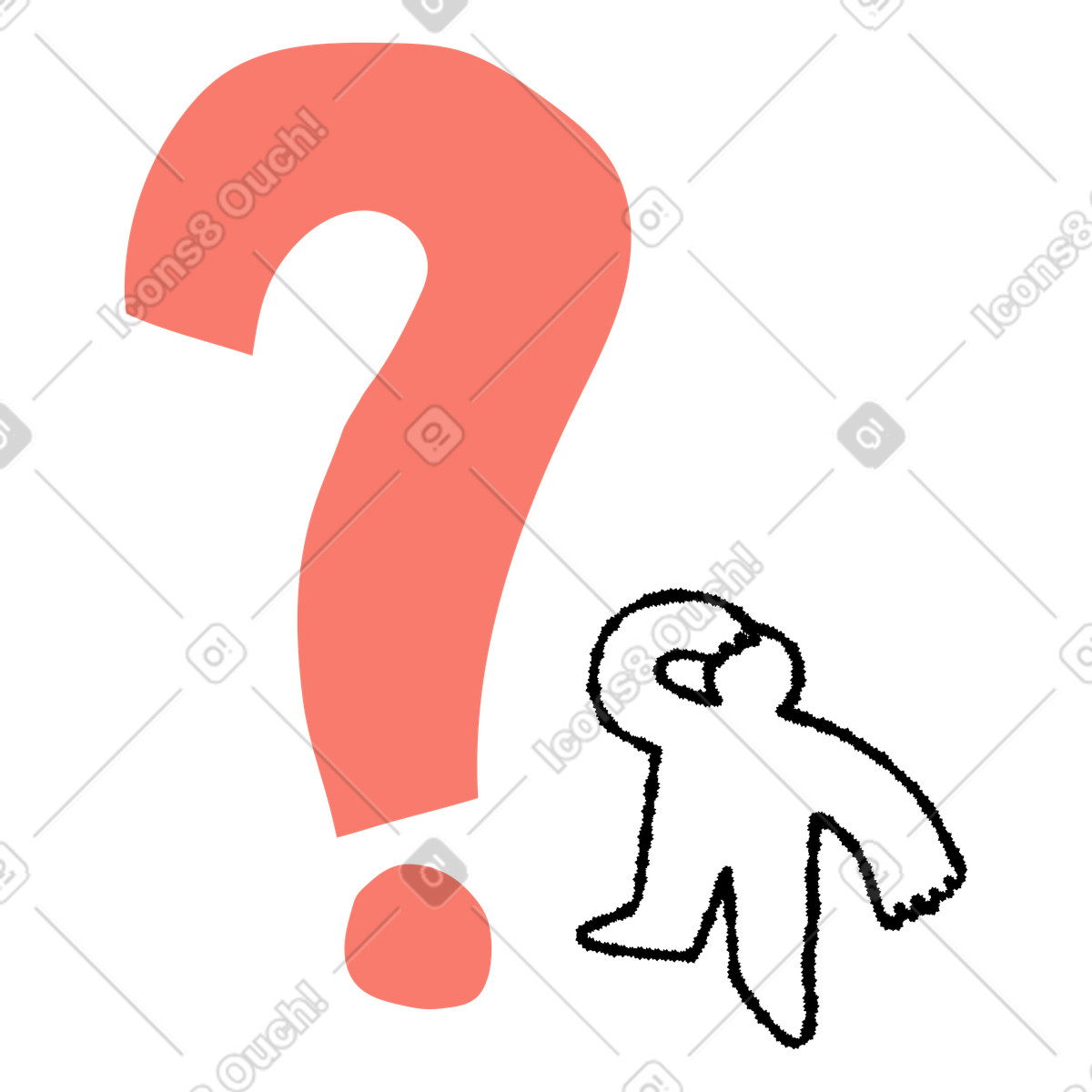 Ilustração de Question mark towering over small doodled character expressing confusion em no estilo Bold People para baixar em PNG, SVG