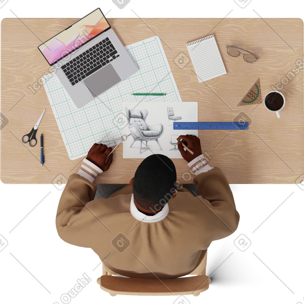 Top view of young man sketching illustration in 3D Hygge style download in PNG, SVG